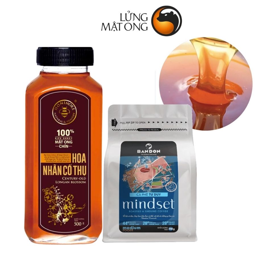 Mật ong chín Honimore Hoa Nhãn Cổ Thụ 5000g + Cà phê rang xay nguyên chất mộc sạch Bandon Mindset 250g