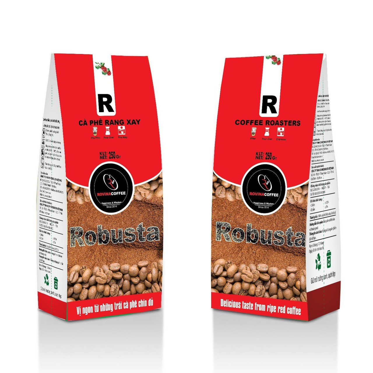 Cà Phê Robusta Việt Nam – Pha Máy – Gói 250Gr ( Nguyên Hạt) Hương Vị Cân Bằng Mùi Thơm Nhẹ, Vị Êm Thương Hiệu Rovina Coffee