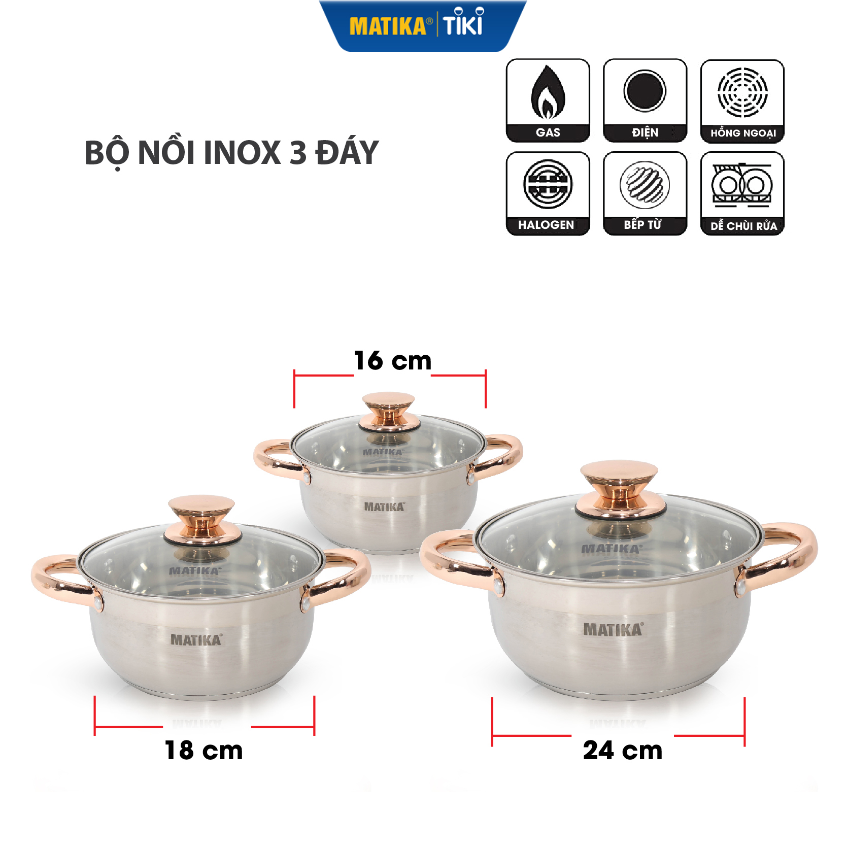 Bộ Nồi Inox 3 Đáy MATIKA MTK-C3 16, 20, 24 cm, Hàng Chính Hãng