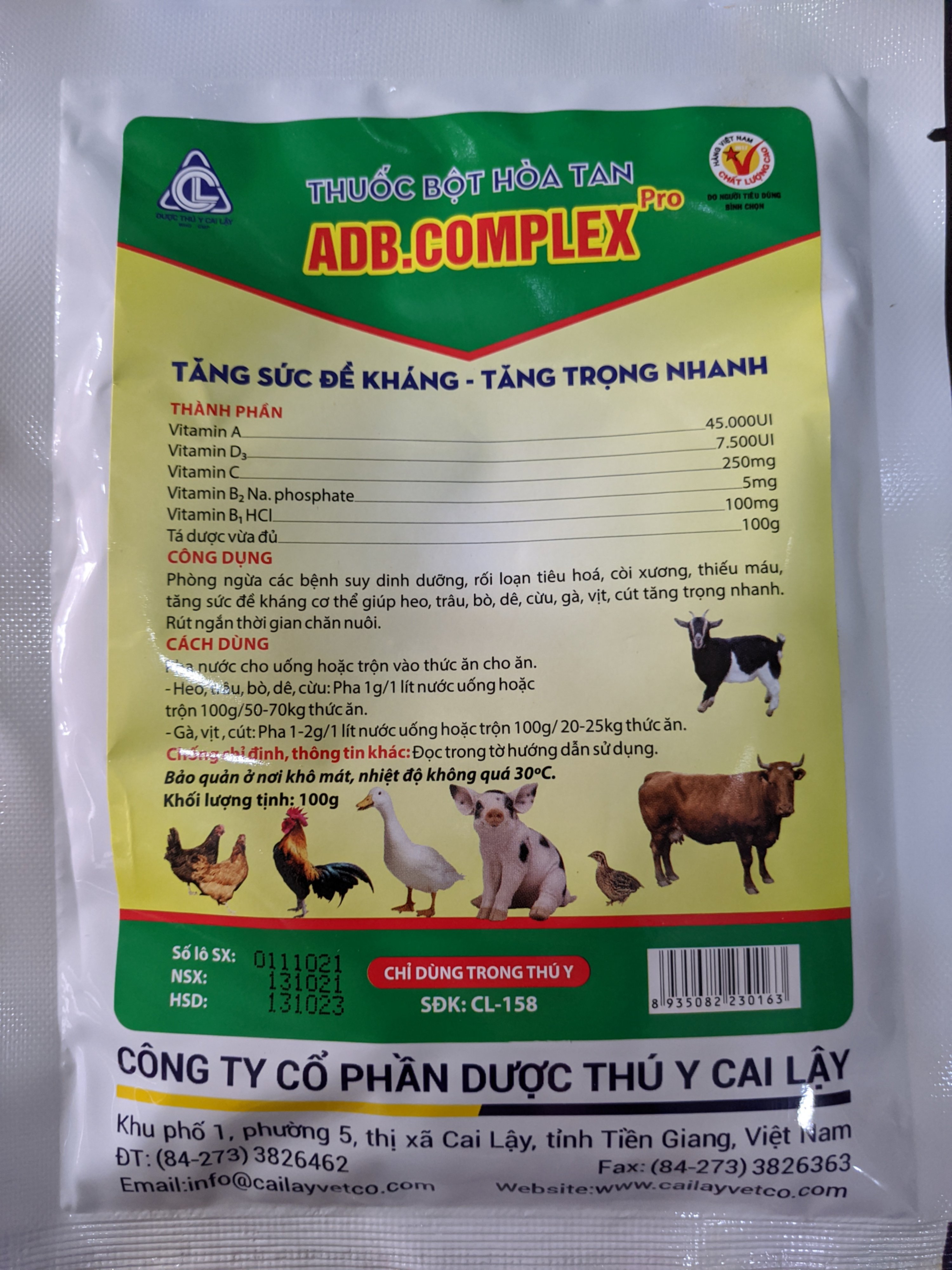 Thuốc bột hoà tan ADB.COMPLEX Pro Phòng ngừa các bệnh suy dinh dưỡng, rối loạn tiêu hoá, còi xương, thiếu máu, tăng sức đề kháng cơ thể giúp gia súc,gia cầm tăng trọng nhanh