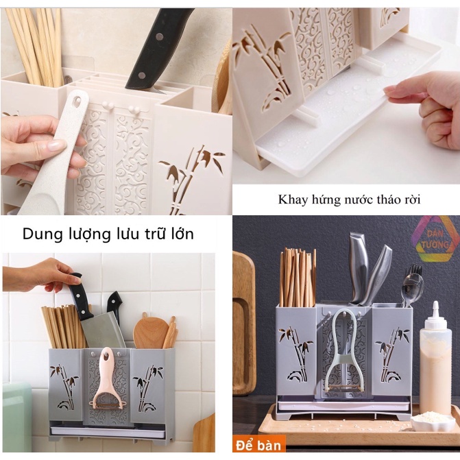 Kệ Dán Tường Hoặc Để Bàn Đựng Dao Kéo , Đũa Muỗng Hình Cây Trúc - Chính Hãng