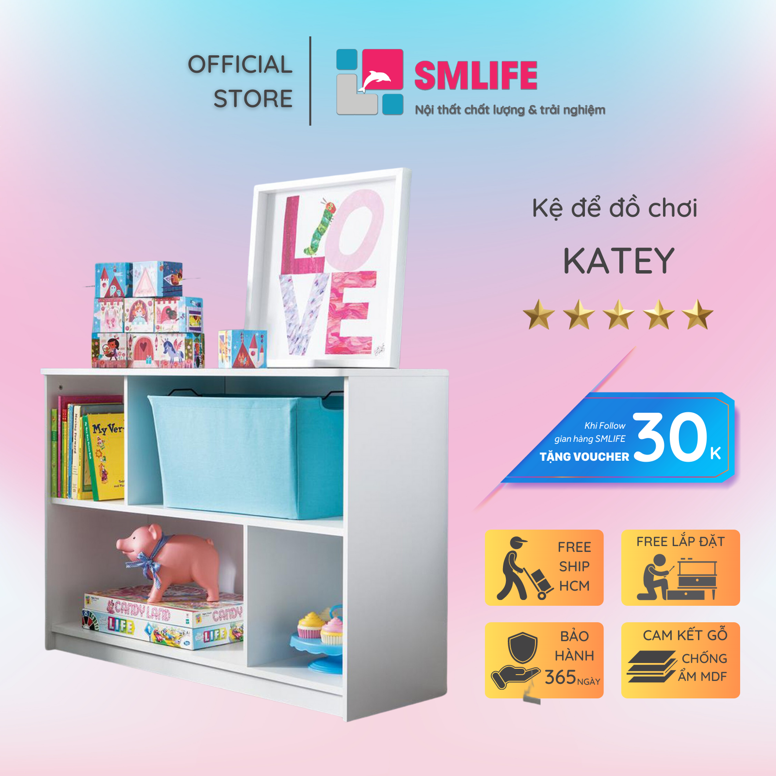 Kệ để đồ chơi cho bé SMLIFE Katey | Gỗ MDF dày 17mm chống ẩm | D100xR35xC75cm