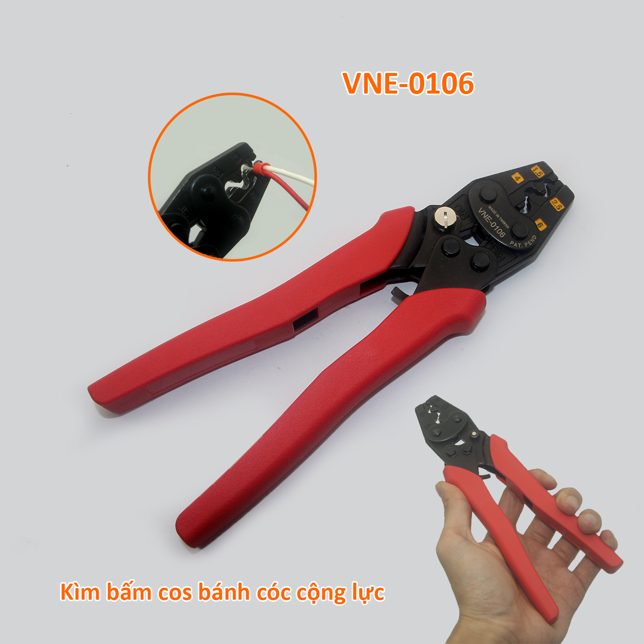 Kìm bấm cos trợ lực chỉnh cữ dây 1.5-6 mm² có lẫy nhả cos dính