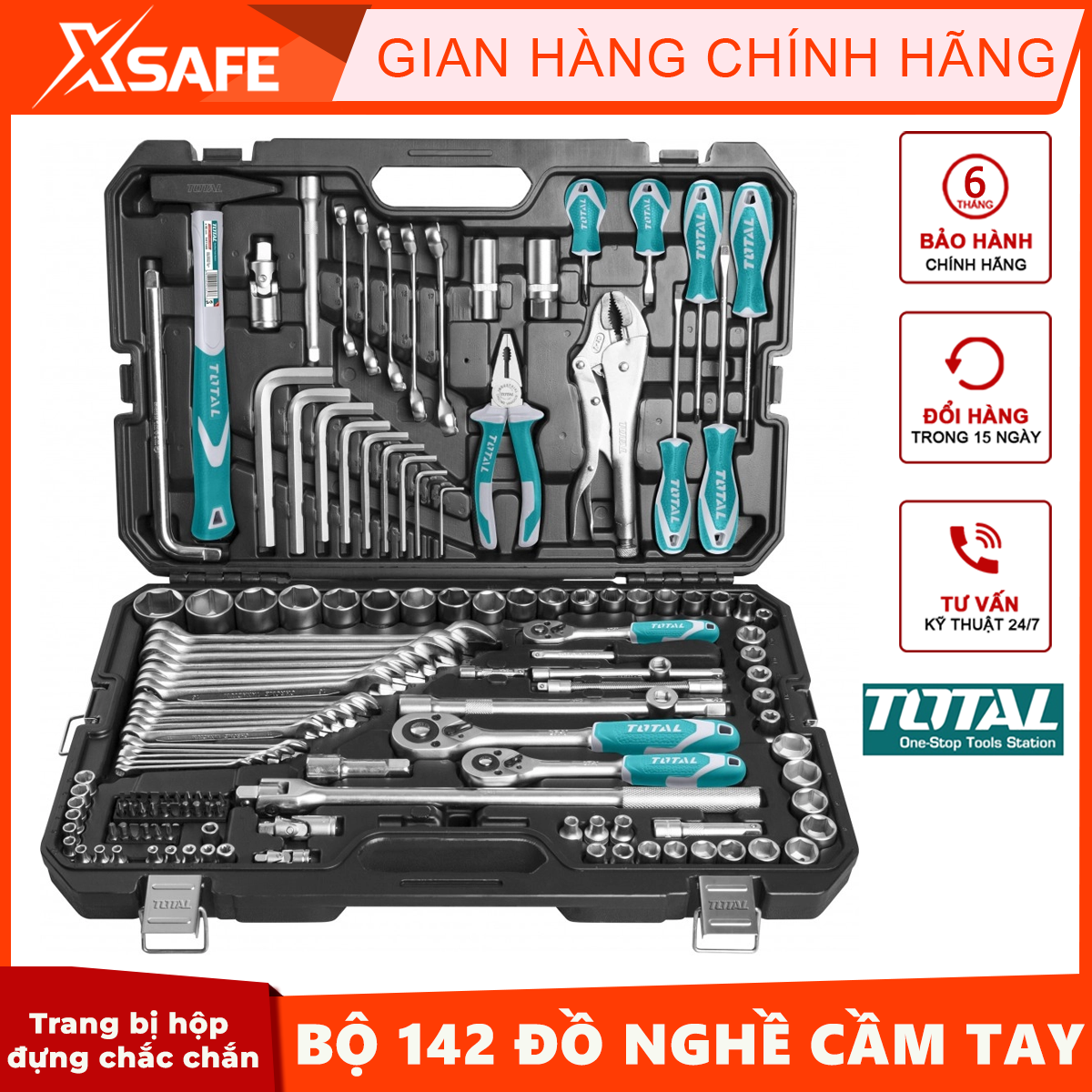 Bộ đồ nghề cầm tay 142 chi tiết TOTAL THKTHP21426 gồm 142 dụng cụ cầm tay thước cuộn, tua vít, khung cưa, kìm, cờ lê,...