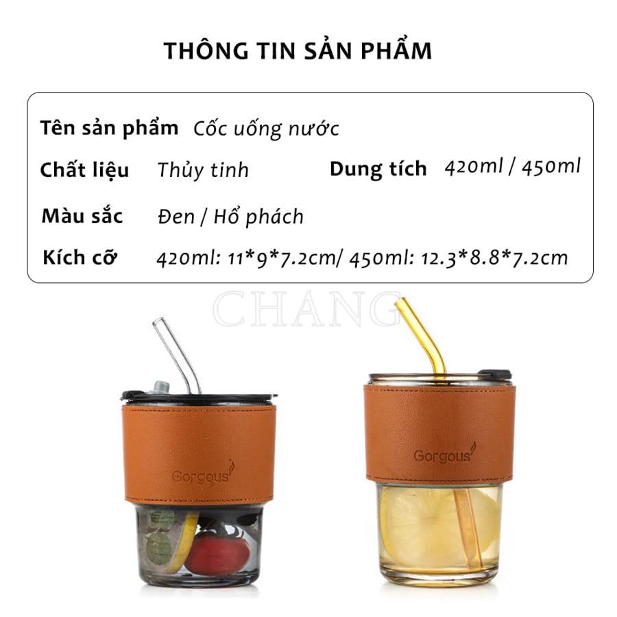 Cốc Uống Nước Có Ống Hút, Ly Thuỷ Tinh Vỏ Da Có Nắp Và Ống Hút Dung Tích 420ML Và 450Ml Chịu Nhiệt -10 độ C đến 110 độ C