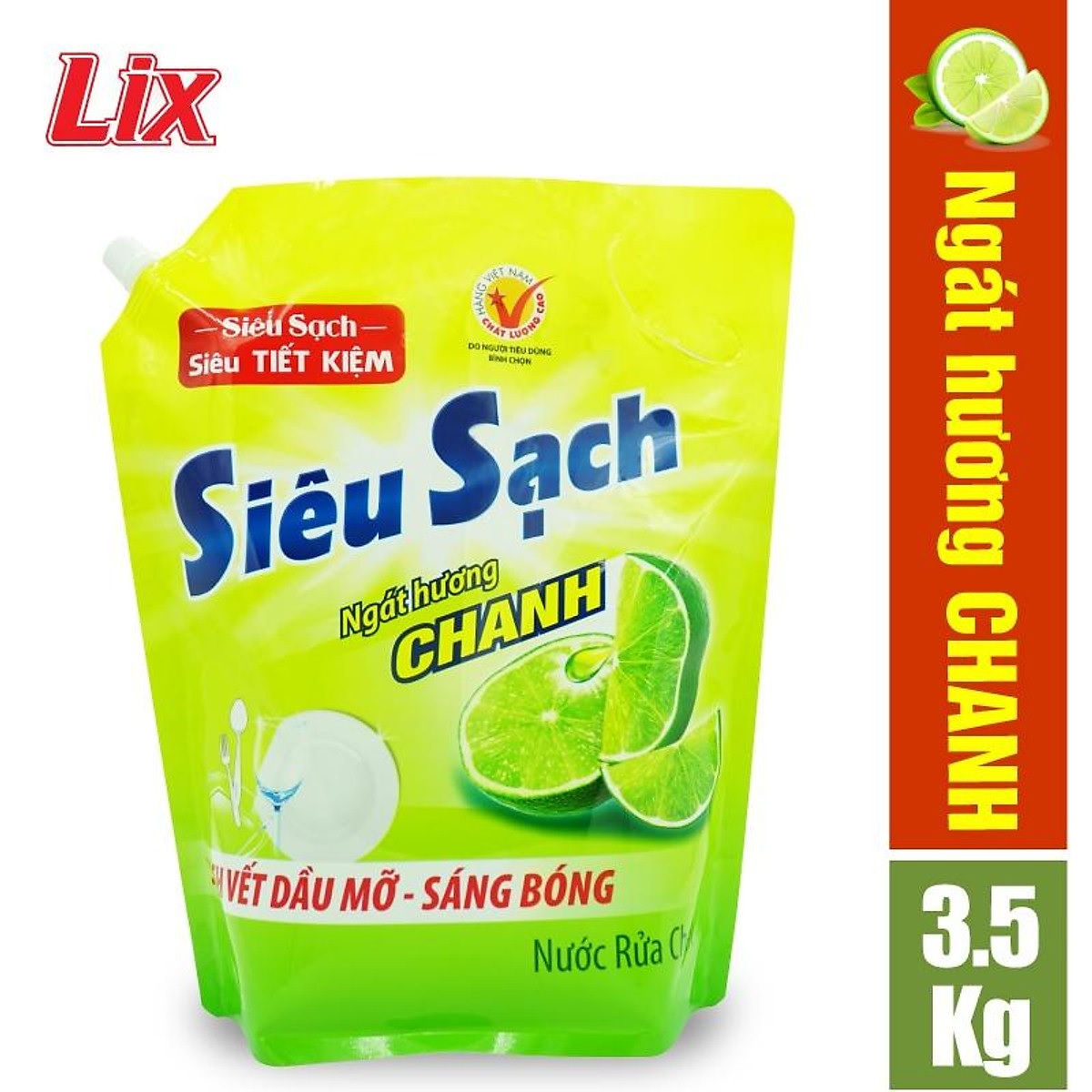 Nước rửa chén LIX 3.5KG siêu sạch hương chanh loại túi N4301 sạch bóng vết bẩn dầu mỡ không hại da tay