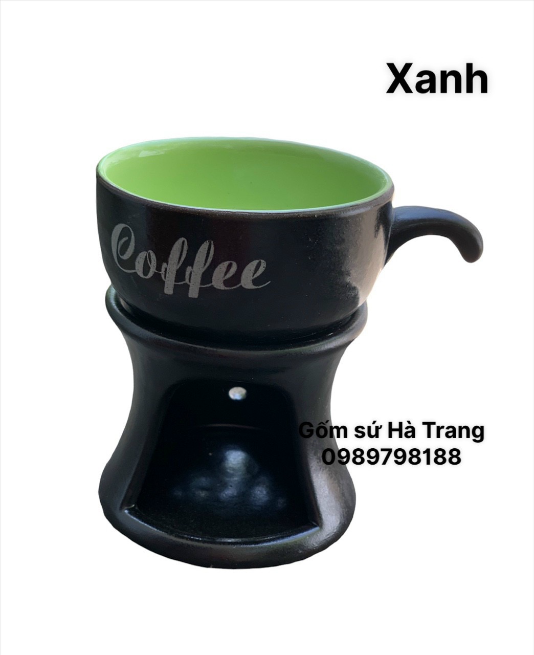 Bộ bếp hâm nóng cafe gốm sứ Bát Tràng cao cấp men đen lòng xanh