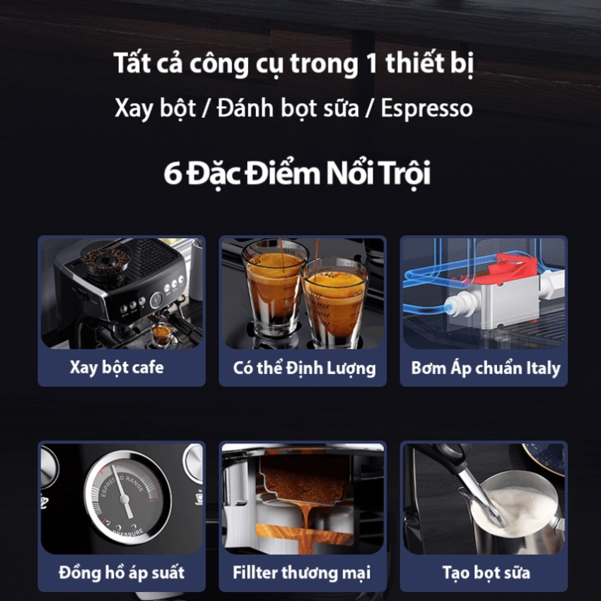 Máy pha cà phê Espresso chuyên nghiệp 4 trong 1 Tanser EM3108, áp suất 19 bar, dung tích bình nước 2 lít, công suất 1560W  - Bảo hành 12 tháng