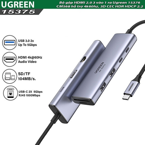 Hub USB-C 9 in 1 Ugreen 15375 CM498 HDMI 4K 60Hz, RJ45 1Gbps, USB 3.0, SD TF with PD 100W hàng chính hãng