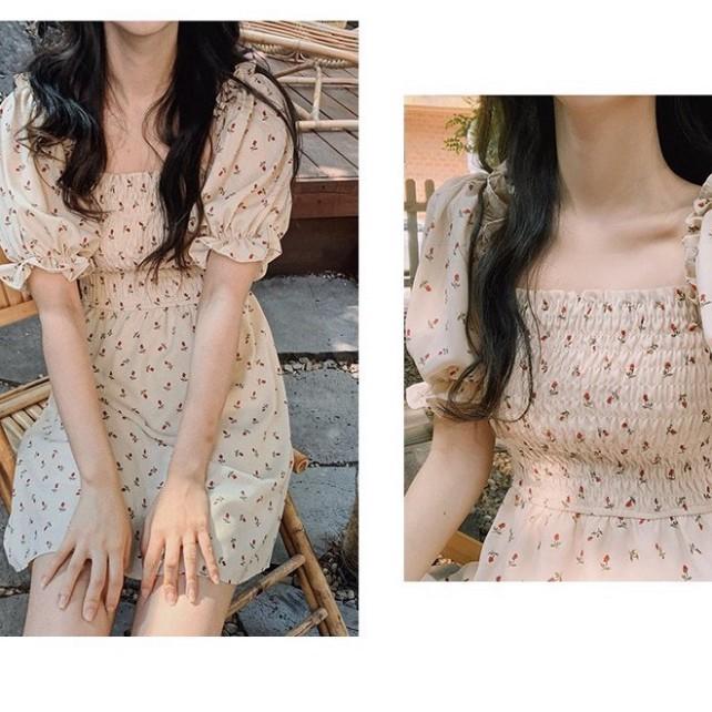 Váy hoa nhí xòe cổ vuông trễ vai ngắn tay chun ngực ulzzang