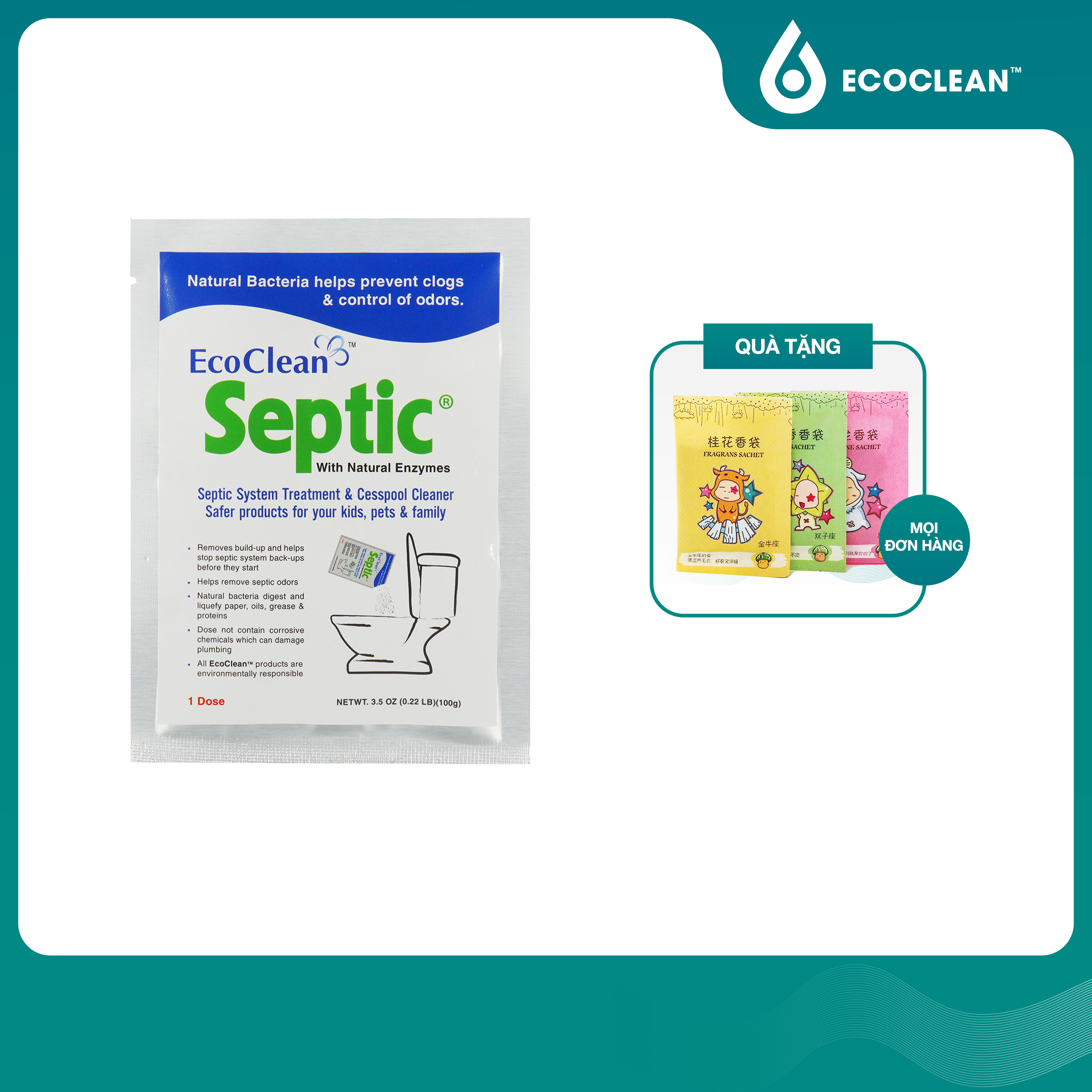 Vi Sinh Xử Lý Hầm Cầu, Bể Phốt Bị Đầy - EcoClean Septic - Nhập Khẩu Mỹ - Túi 100gram