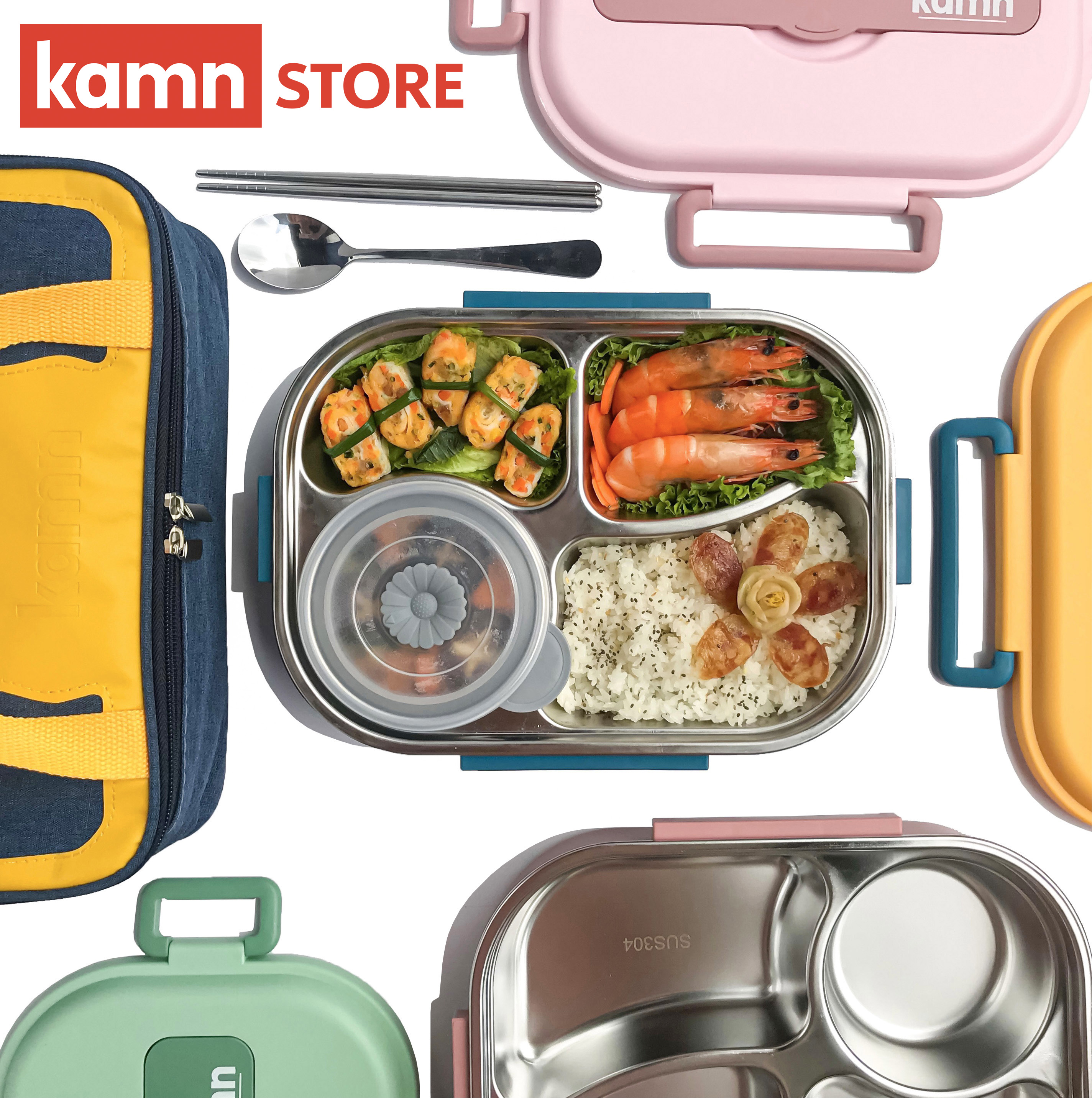 Hộp đựng cơm văn phòng giữ nhiệt Yummy Kamn, inox 304, 4 ngăn chống tràn, 4 màu hiện đại, hâm nóng đơn giản