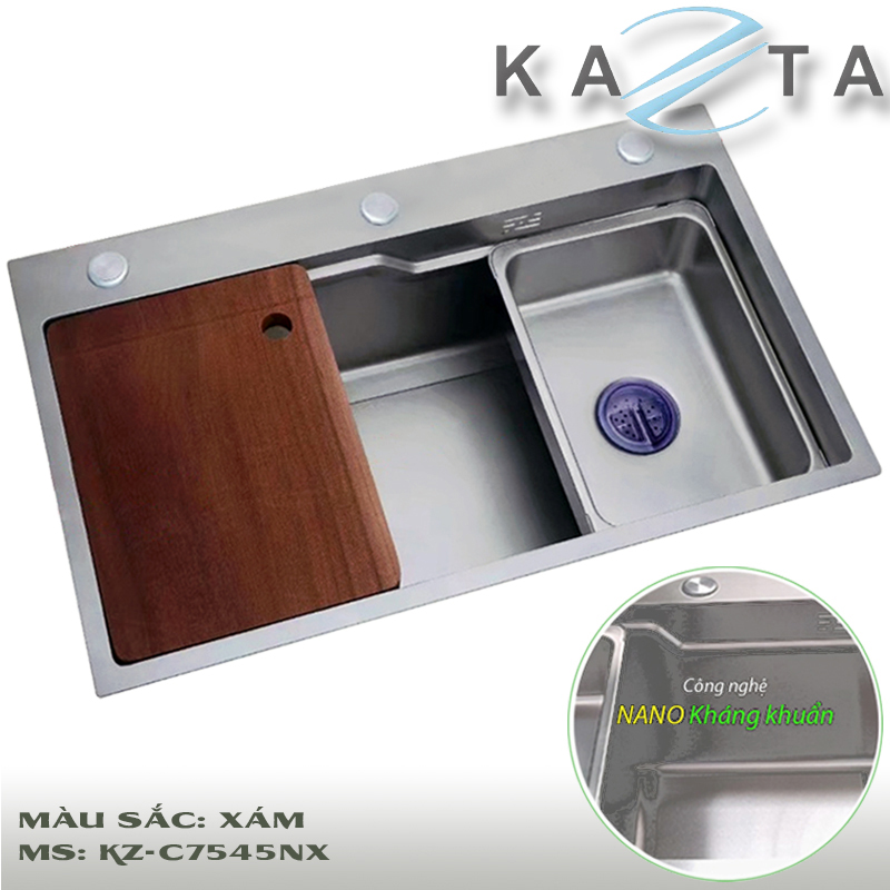 Chậu rửa chén bát cao cấp KAZTA KZ-C7546NX nano kháng khuẩn kèm khay inox và thớt tiện dụng