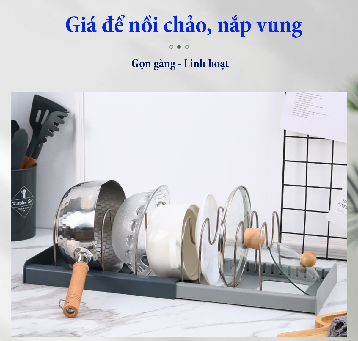 Kệ để vung, nồi, xoong, chảo chia nhiều ngăn tiện lợi