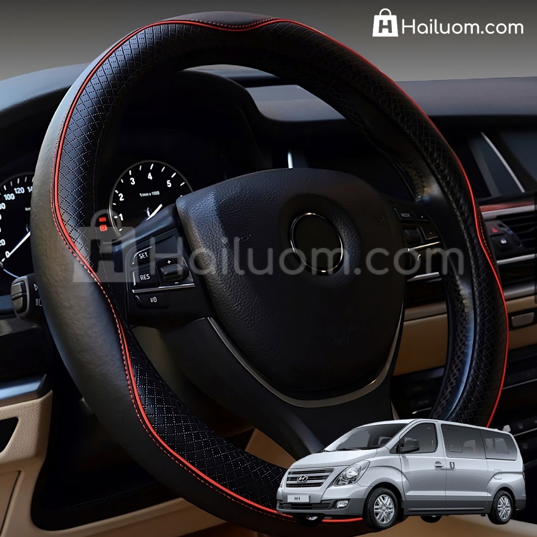 Bọc Vô Lăng ô tô cho HYUNDAI GRAND STAREX Da Thật Cao Cấp - Màu Đen Chỉ Đỏ