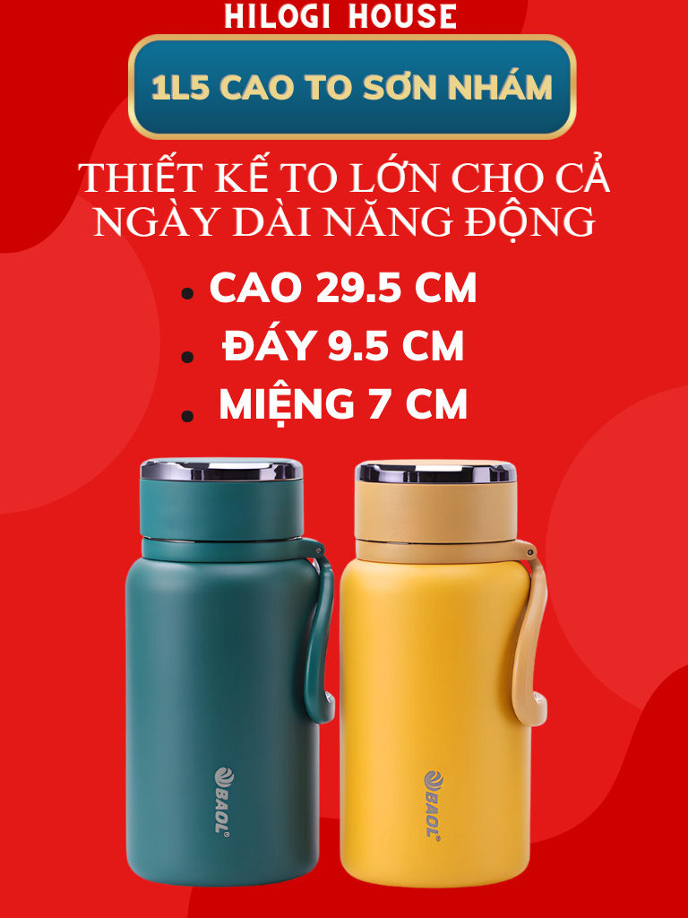 Bình giữ nhiệt 1500ml HiLOGI HOUSE sơn nhám chống trầy xước giữ nhiệt lạnh hơn 24 giờ , giữ nóng hơn 12 giờ , có dây treo