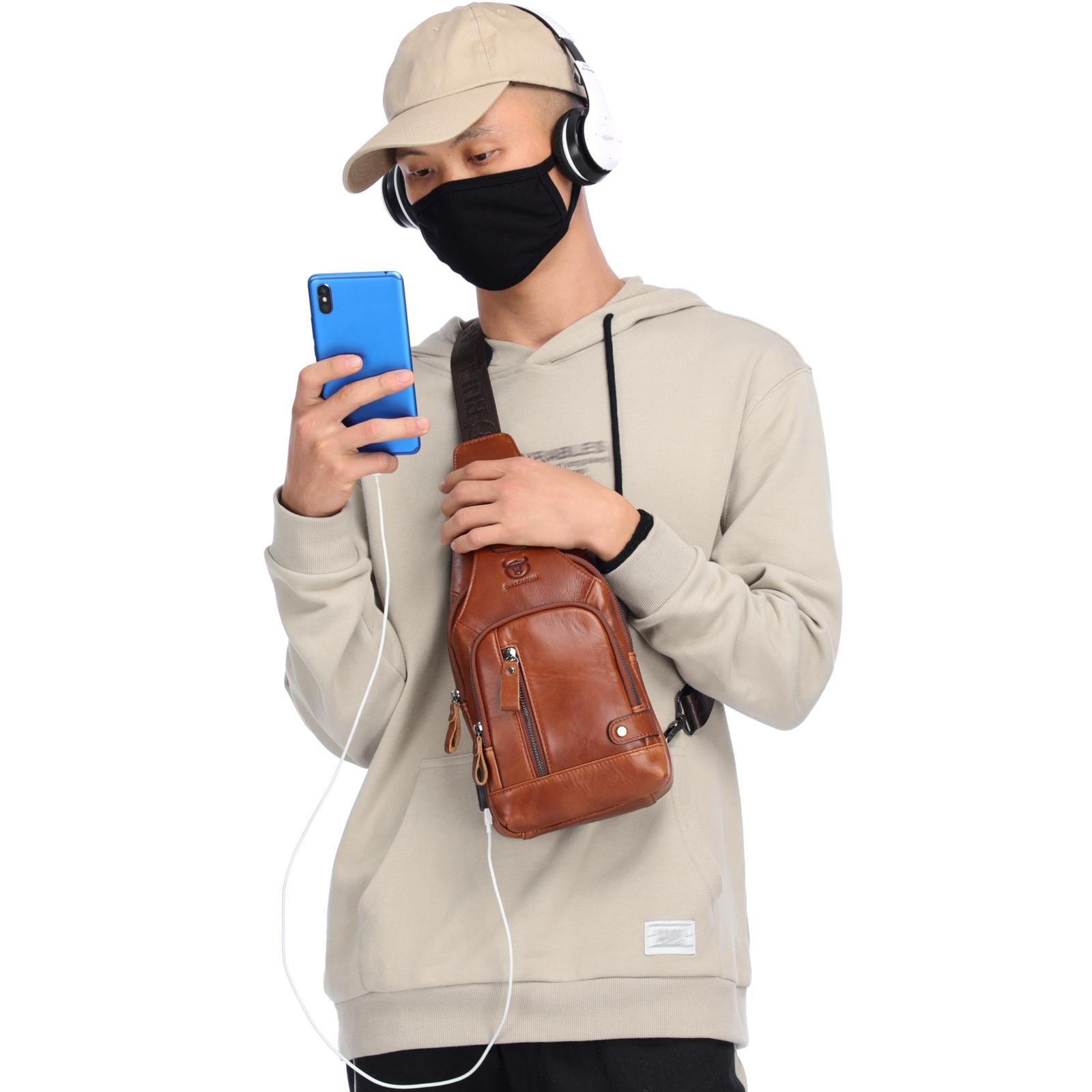 Túi da đeo vai chéo dành cho nam, đi phượt, đi bộ đường dài, du lịch có cổng sạc USB