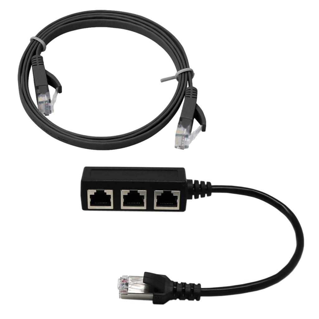 RJ45 Male to 3 Female Network Extender Cable Splitter + Cat 6 Cable Black