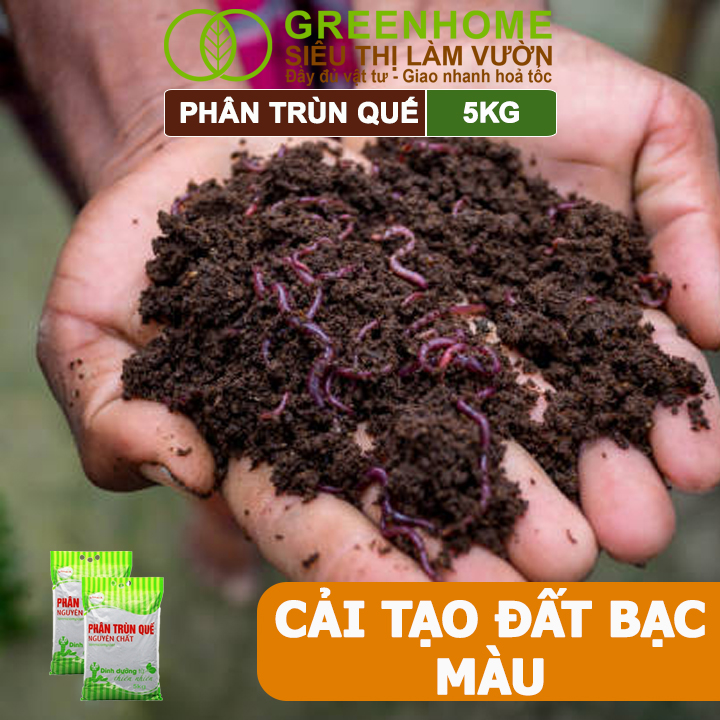 Phân Trùn Quế Greenhome, Lavamix, Bao 5kg, Nguyên Chất, Bổ Sung Dinh Dưỡng, Cải Tạo Đất, Bón Rau
