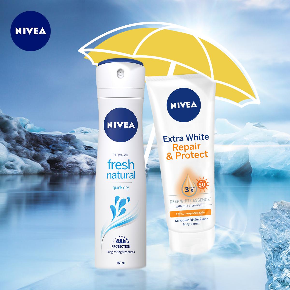 Bộ đôi Xịt Ngăn Mùi NIVEA Fresh Nature Tươi Mát Tự Nhiên (150ml) - 81601 &amp; Tinh Chất Dưỡng Thể Dưỡng Trắng NIVEA Ban Ngày Giúp Phục Hồi &amp; Chống Nắng SPF50 (180ml) - 88314