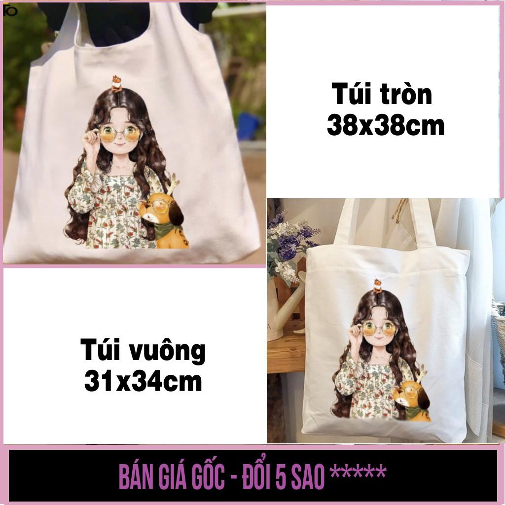 Túi tote vải canvas trắng có khóa kéo in hình CÔ GÁI ĐEO KÍNH - Túi Mơ To store