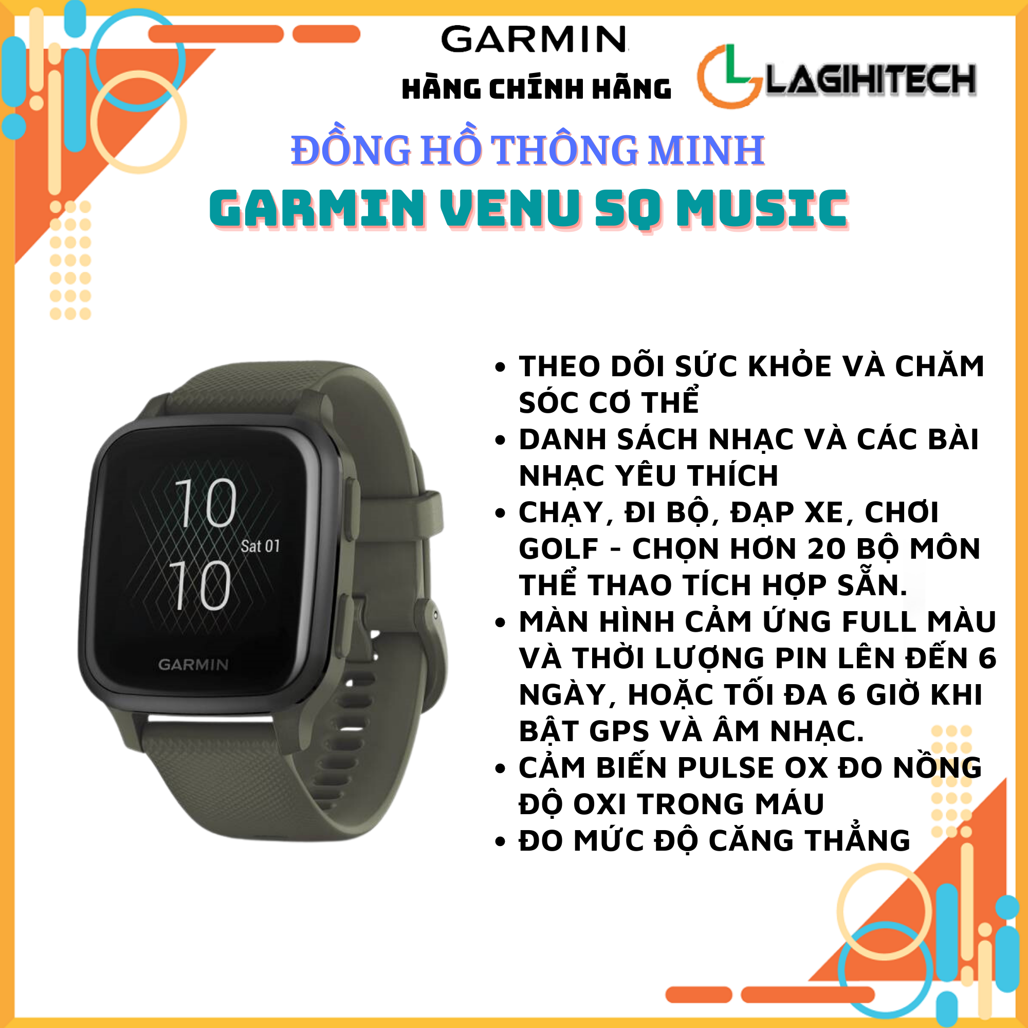 Đồng Hồ Thông Minh Theo Dõi Vận Động Theo Dõi Sức Khỏe Garmin Venu SQ / Venu SQ Music Màn Hình AMOLED - Hàng Chính Hãng