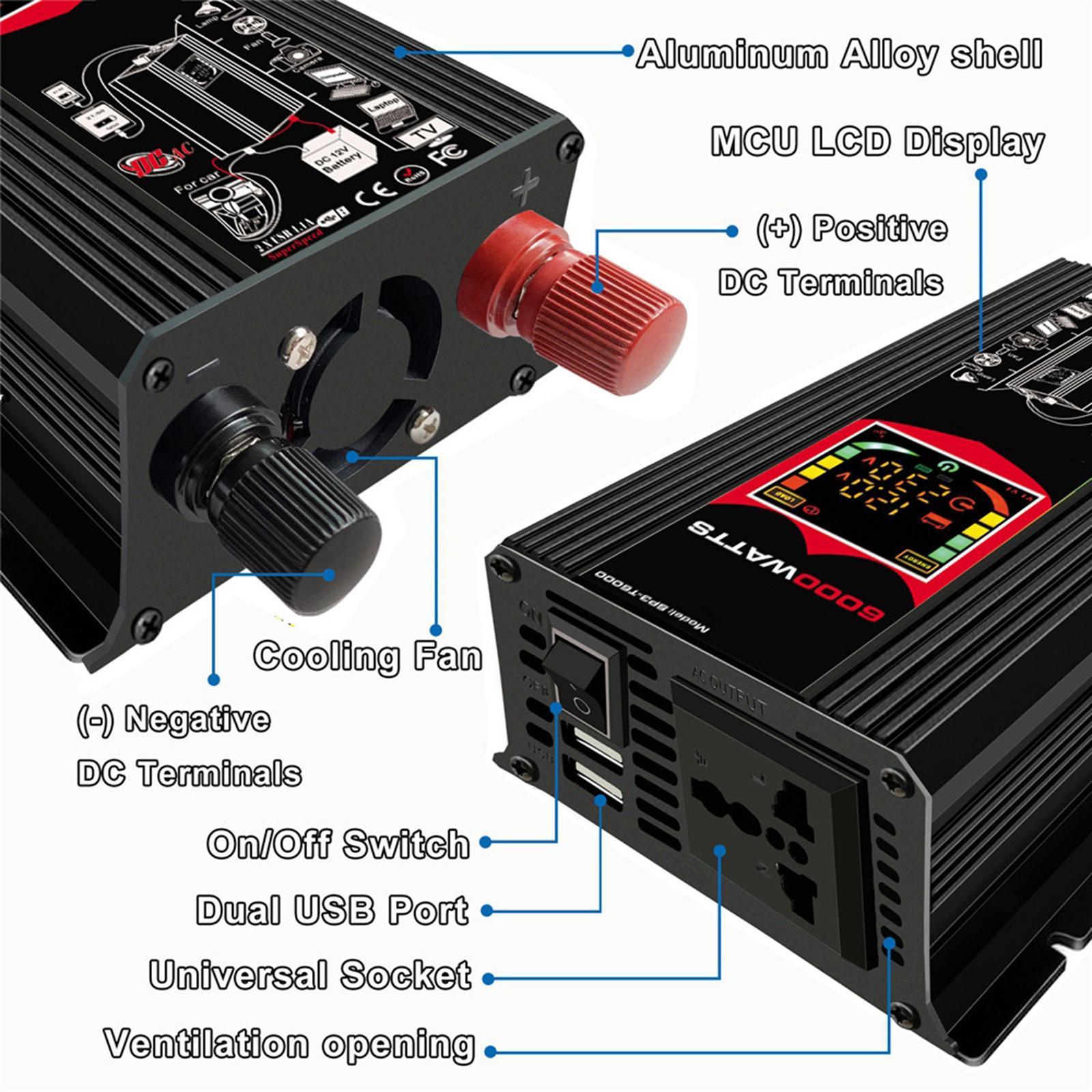 500W DC 12V /220V Inverter with 2 USB Charging Ports, Power Converter with 2 AC Outlets Battery Clip Charger, Car Adapter