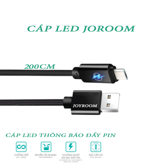 Cáp Sạc Nhanh Dài 2m Đèn Led Thông Báo Sạc Đầy,Bộc Dù Cổng Micro USB Cho ĐT OPPO,SAMSUNG,VIVO,XIAOMI... - Joyroom - Hàng Chính Hãng