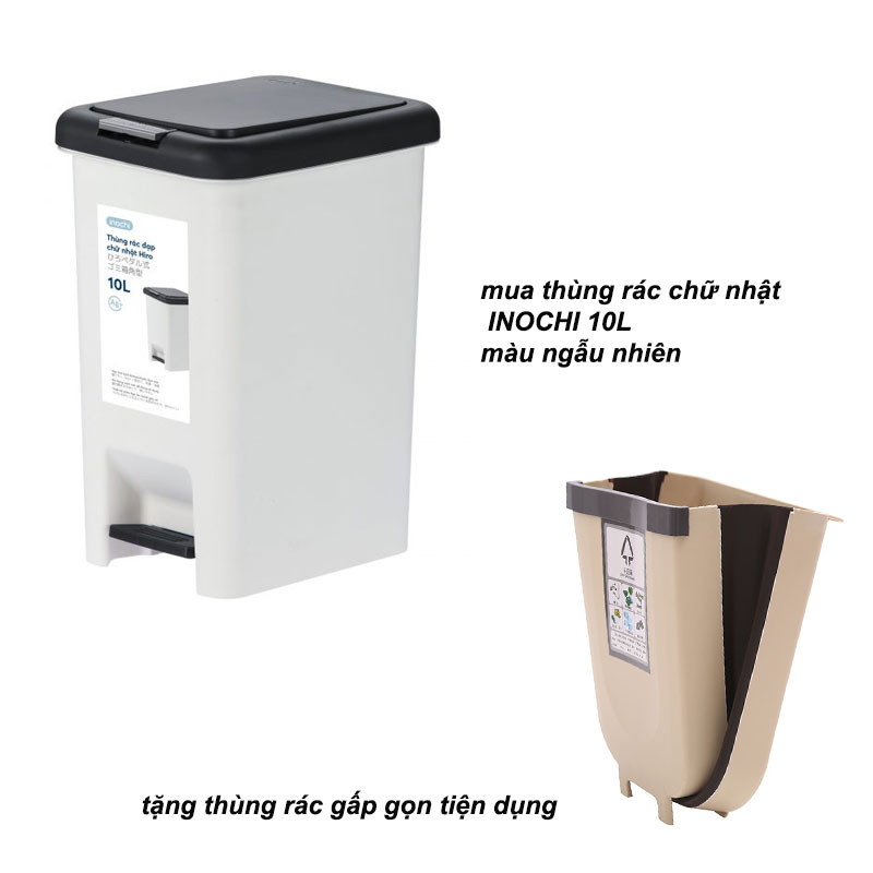 Thùng Rác Nhựa Đạp Chân Nắp Đậy Chữ Nhật Inochi 10 Lít - Tặng Thùng Rác Gấp Gọn Tiện Dụng - Giao màu ngẫu nhiên