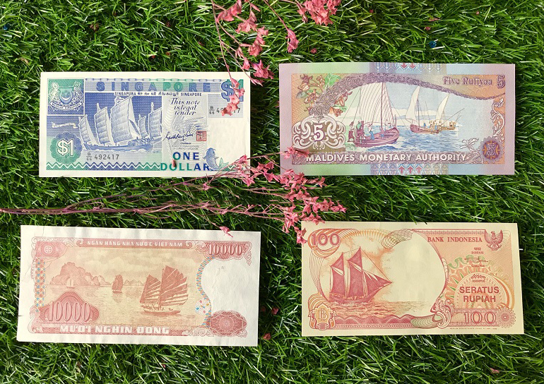Combo 4 tờ tiền thuận buồm xuôi gió phong thủy của Singapore , Việt Nam , Indonesia , Maldives - Bộ quà tặng sưu tầm ý nghĩa