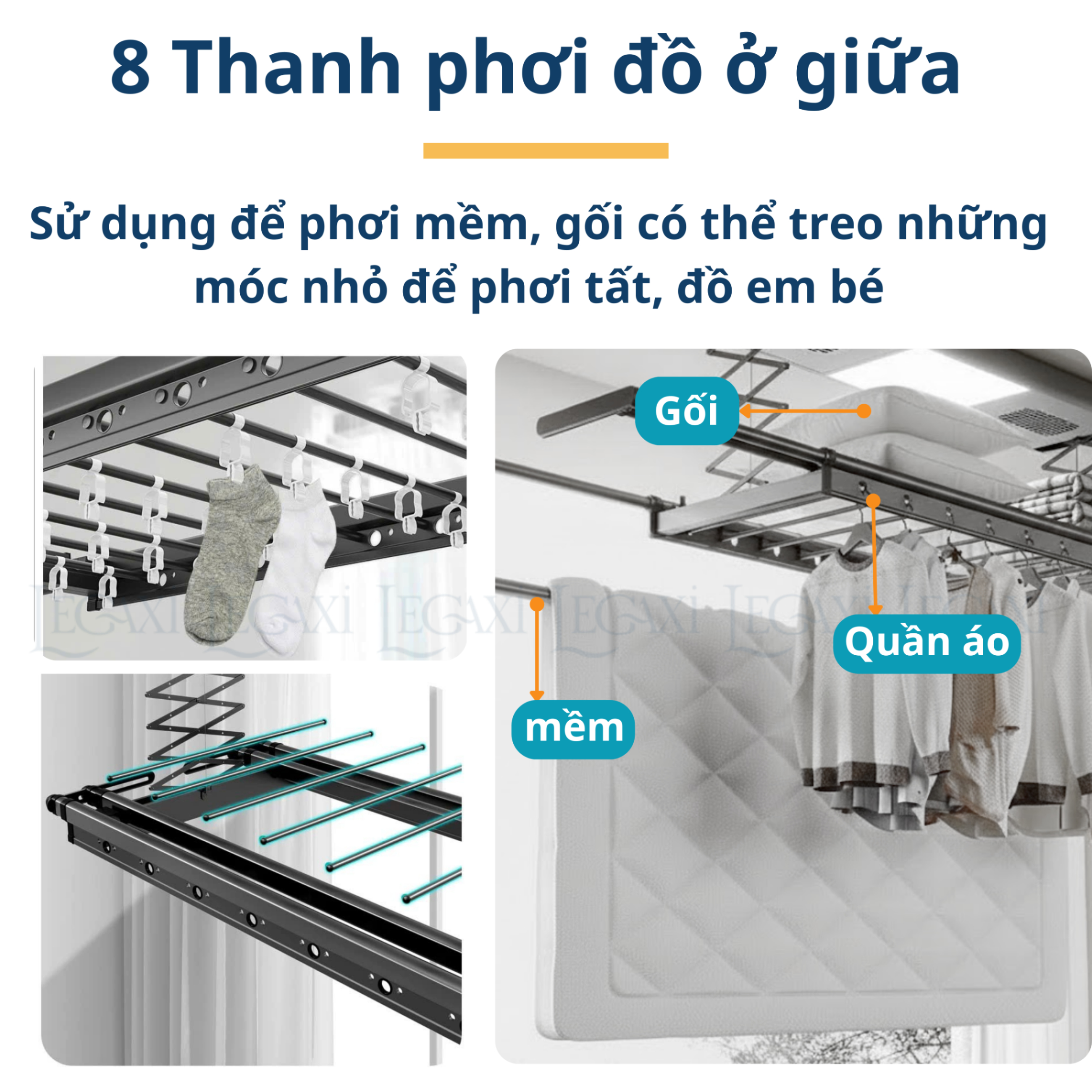 Sào Phơi Đồ Tự Động, Giá Treo Quần Áo Có Quạt Sấy Khô Đèn LED Khử Trùng Tia Cực Tím Remote Gắn Trần Legaxi