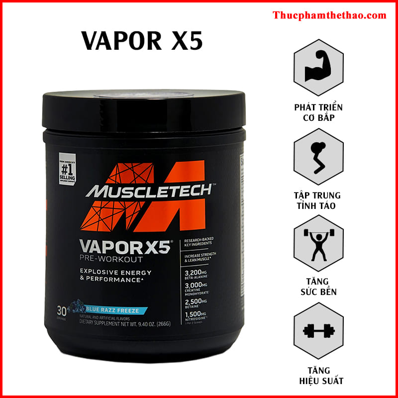 Thực phẩm bổ sung Pre-Workout Vapor X5 của MuscleTech -  Hỗ trợ tăng sức mạnh, sức bền, tăng sự tập trung tỉnh táo cho người tập luyện thể hình và thể thao -Thương hiệu MuslceTech USA - 30 lần dùng