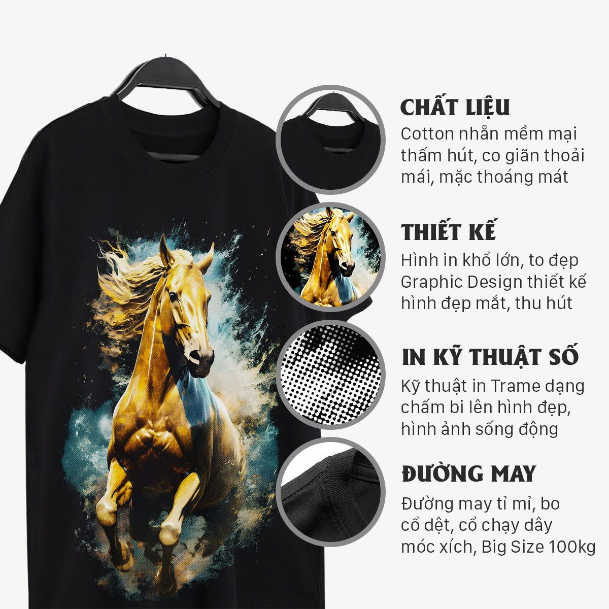 Áo thun nam cổ tròn tay ngắn TeeSett big size boy phố cotton màu đen in hình con ngựa graphic design