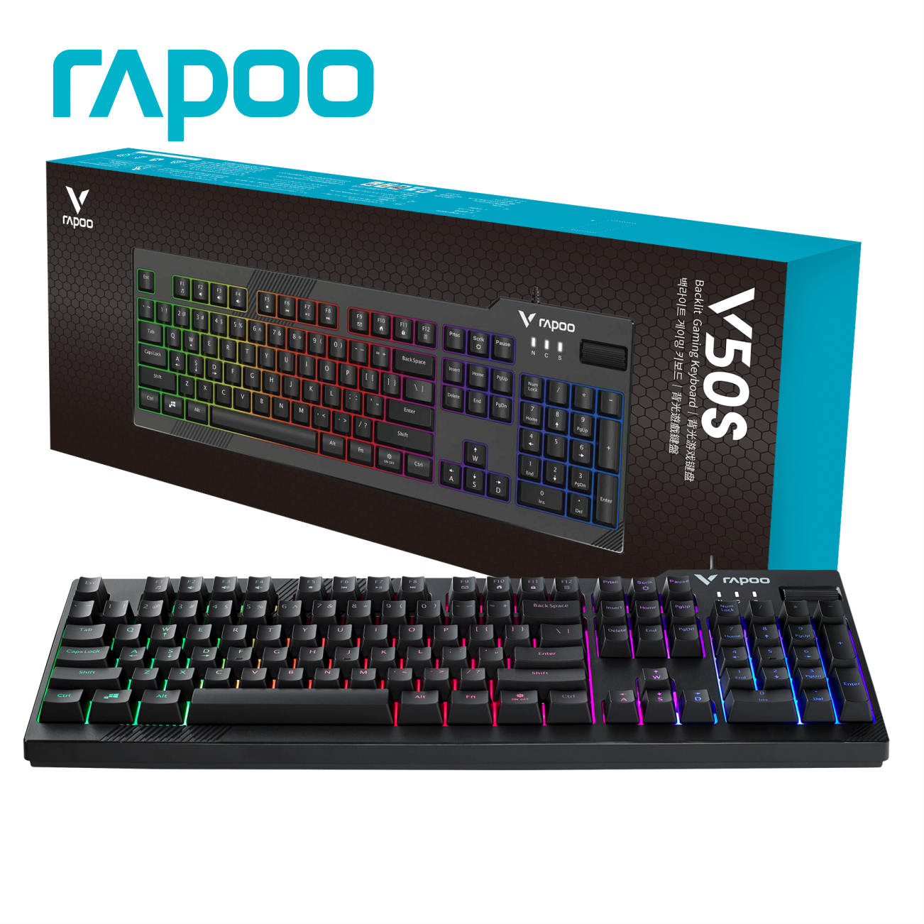 Bàn Phím Gaming RAPOO V50S Đèn Nền 7 Màu, Dây Cắm USB Dài 1.45M - Hàng chính hãng