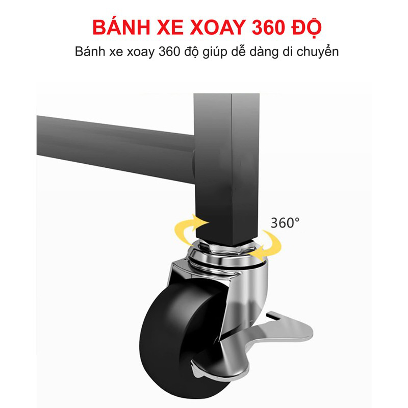 Kệ xe đẩy để đồ đa năng 3 tầng, để bỉm sữa rau củ thép carbon không rỉ, bánh xe di chuyển tiện lợi có chốt an toàn