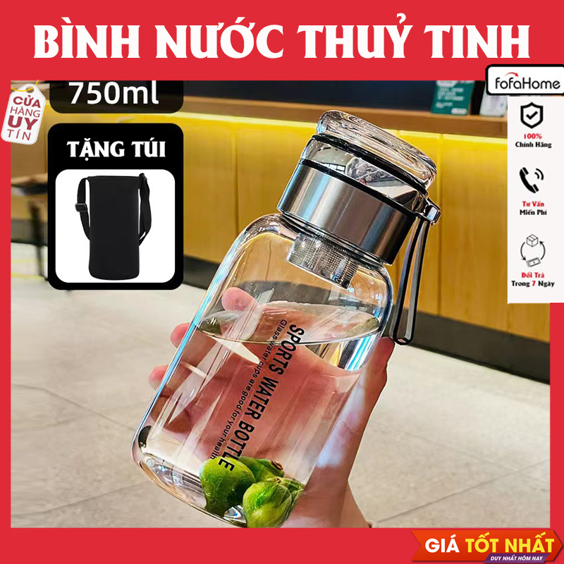 Bình Nước Thuỷ Tinh Kèm Nắp Pha Trà Thông Minh Cao Cấp Có Lọc Trà Inox Sang Trọng Tặng Túi Chống Nóng Quai Đeo