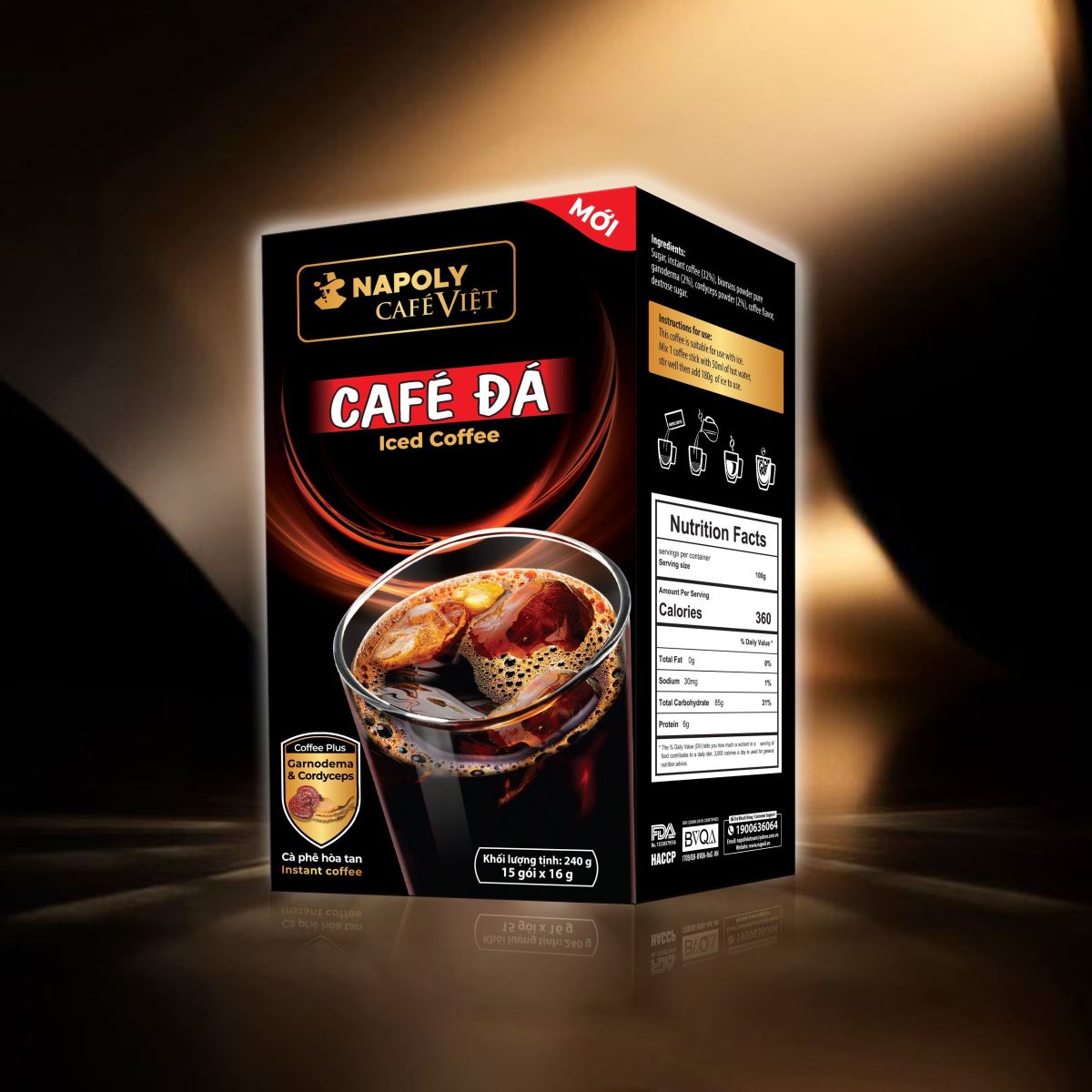 Cà phê hoà tan đen đá 2in1 bổ sung Nấm Linh chi và Đông trùng hạ thảo Napoli Coffee hộp 15 gói x 16gr