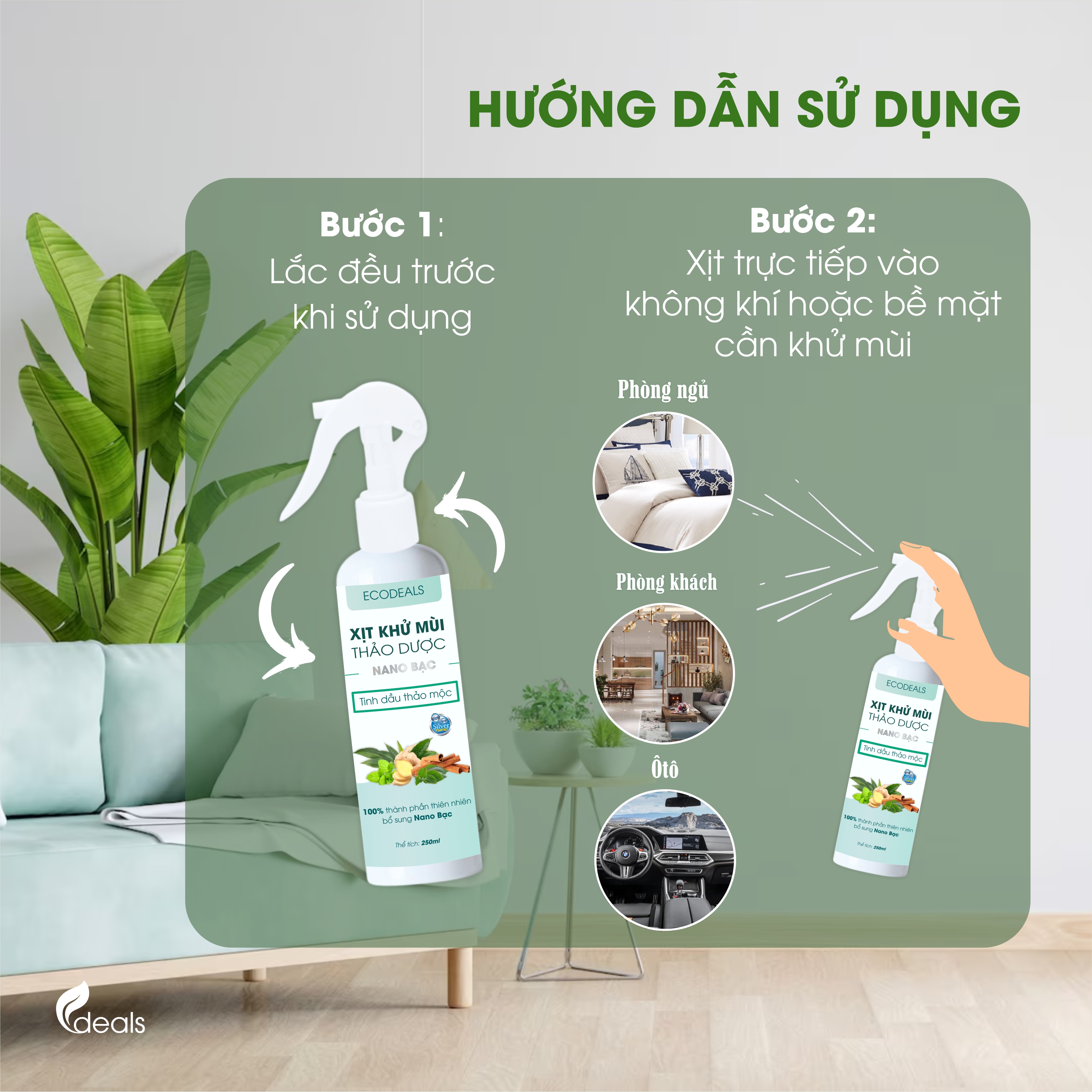 Xịt Khử mùi Kháng khuẩn thảo dược công nghệ Nano Bạc ECODEALS - Tinh dầu Thảo mộc