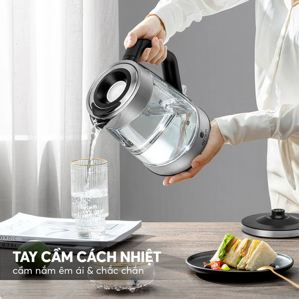 Ấm Đun Nước Siêu Tốc Thuỷ Tinh Elmich KEE-8458 1.7L 2200W, Hàng Chính Hãng, Đèn Led Cảm Biến-JoyMall