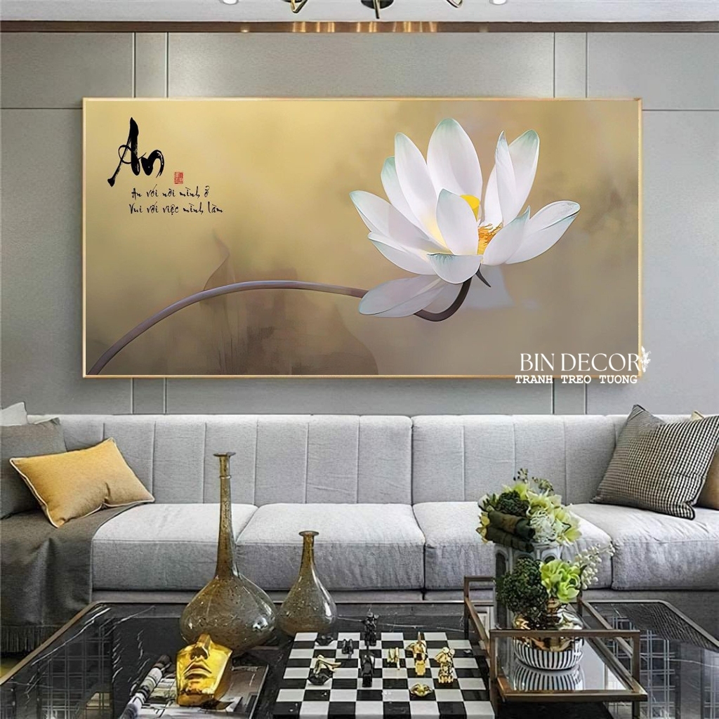 Tranh treo tường chữ an và hoa sen trắng trang trí phòng khách, phòng thờ kèm đinh treo
