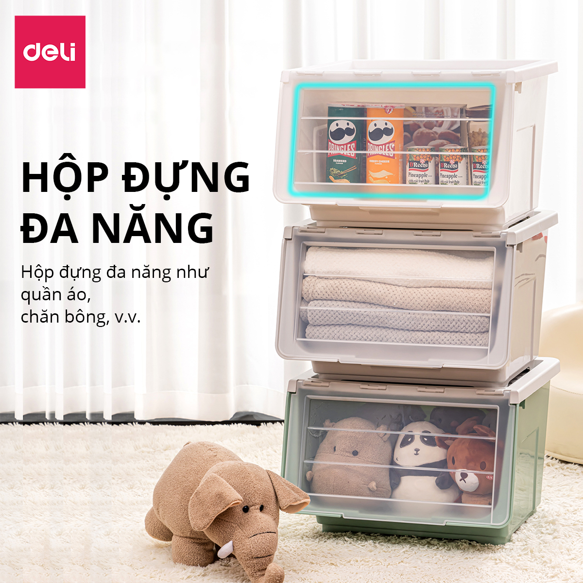 Hộp Nhựa Đựng Đồ Nắp Trong Đa Năng Thùng Đựng Đồ Chơi Quần Áo Sách Vở Vật Dụng Gia Đình Deli - Xếp Chồng Tiện Lợi