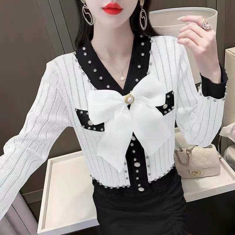 Áo len nơ dài tay đính đá Quảng Châu co dãn thoải mái