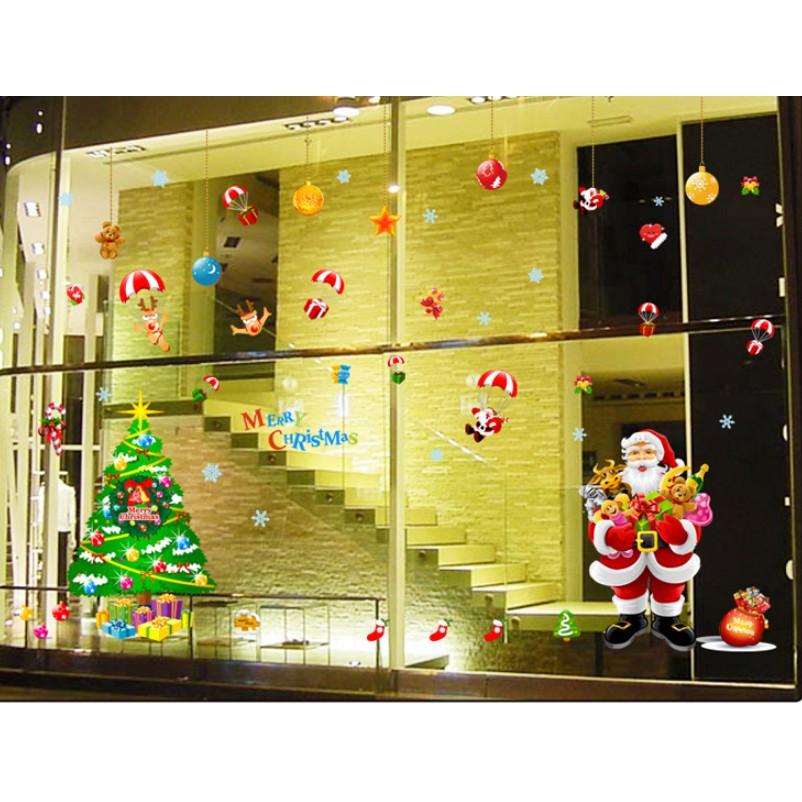 Decal trang trí noel bộ ghép size lớn ông già noel cây thông và phụ kiện treo