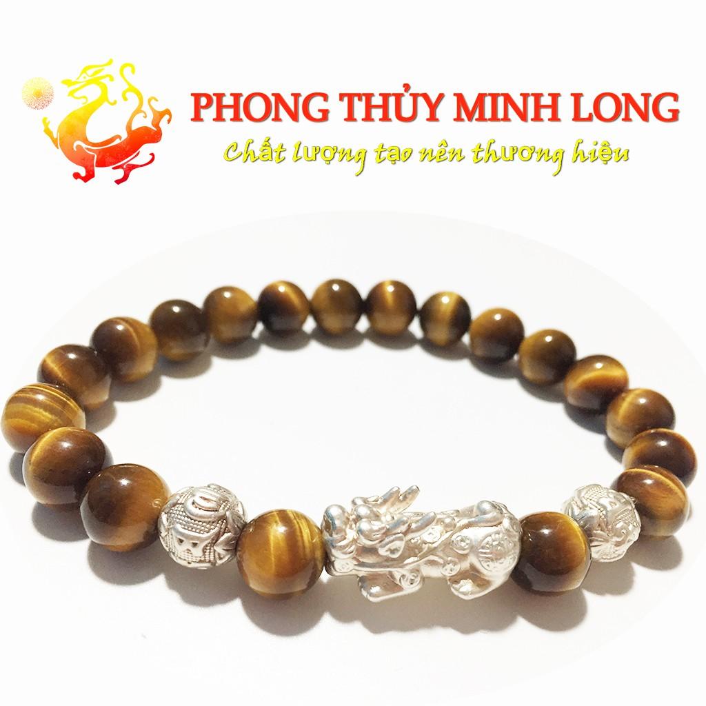 Vòng tay đá mắt hổ Vàng Nâu 5A mix Tỳ Hưu và 2 hạt kim tiền Bạc hợp mệnh Kim và Thổ