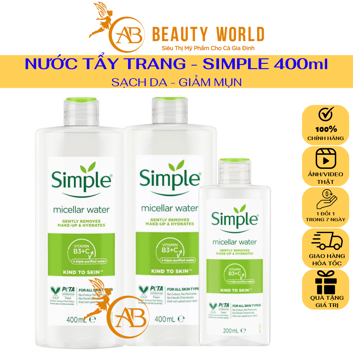 Nước Tẩy Trang SIMPLE Micellar Water 200ml - 400ml - Làm Sạch Trang Điểm - Không Chứa Cồn Gây Khô Rát