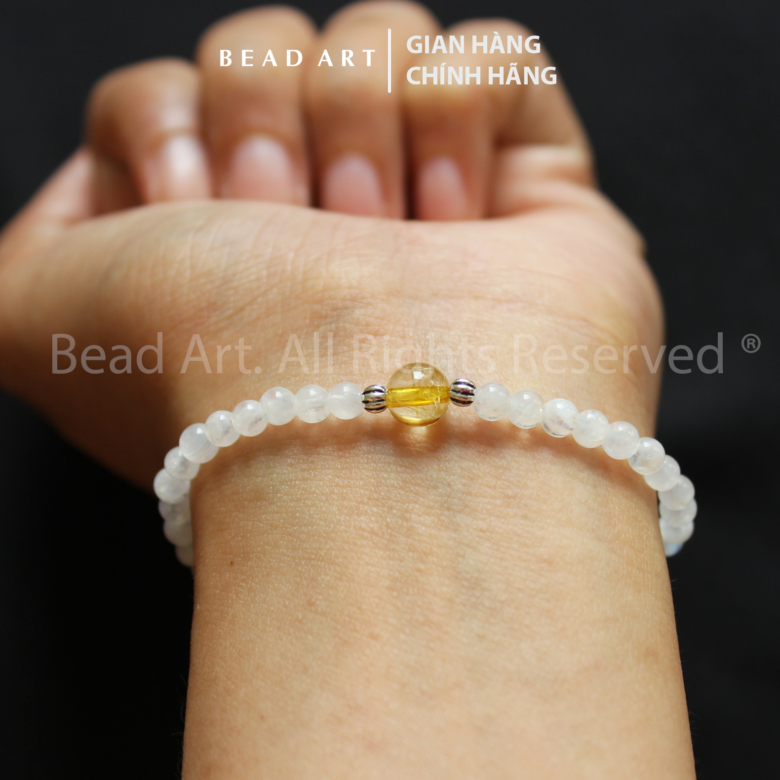 Vòng Tay 4MM Đá Moonstone Và Thạch Anh Tóc Màu Vàng, Mặt Trăng, Vòng Tay Phong Thuỷ, Chuỗi Hạt, Kim, Thuỷ - Bead Art