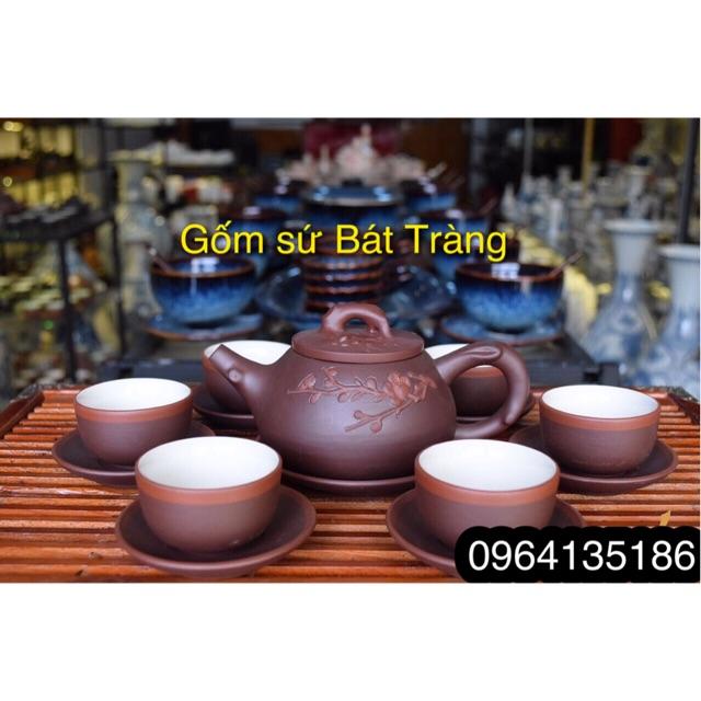 Bộ ấm chén tử sa đắp nổi hoa đào