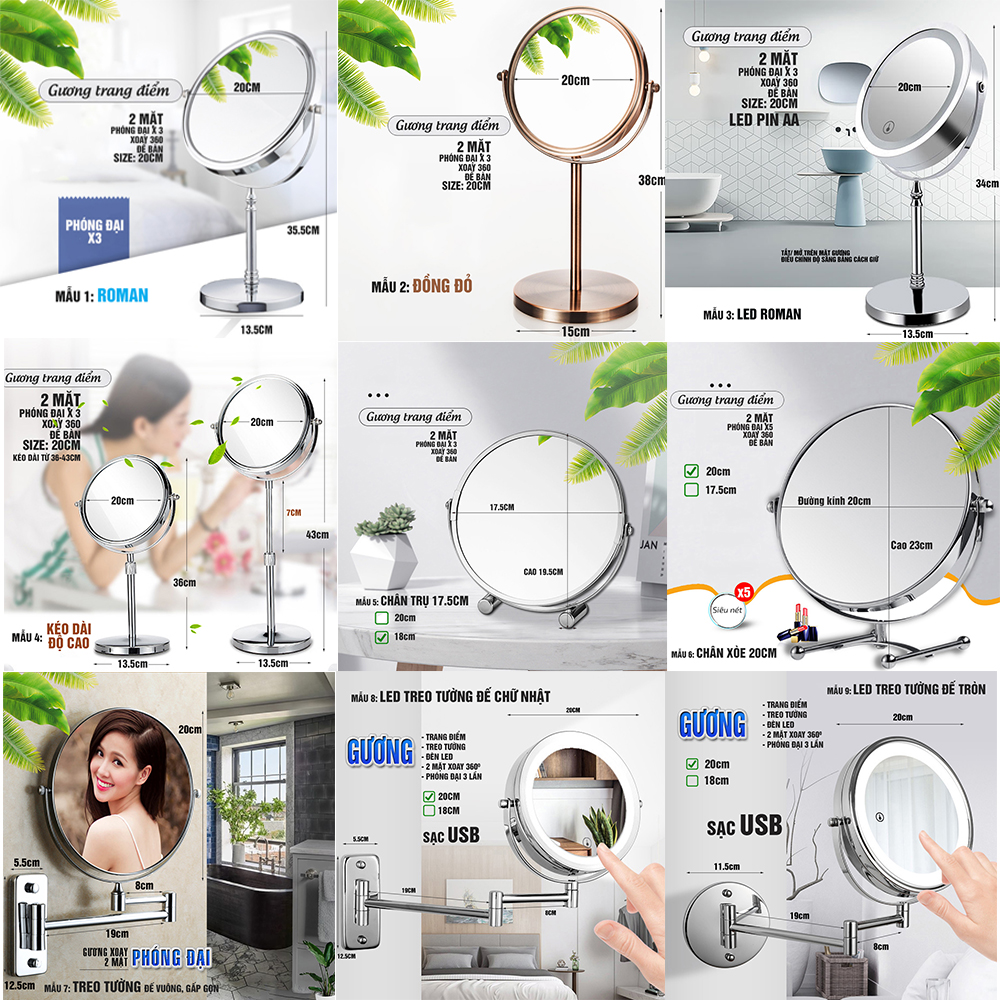 Gương trang điểm để bàn, LED, treo tường, Crom, phóng đại zoom x3, 2 mặt xoay siêu nét nhiều mẫu Minh House