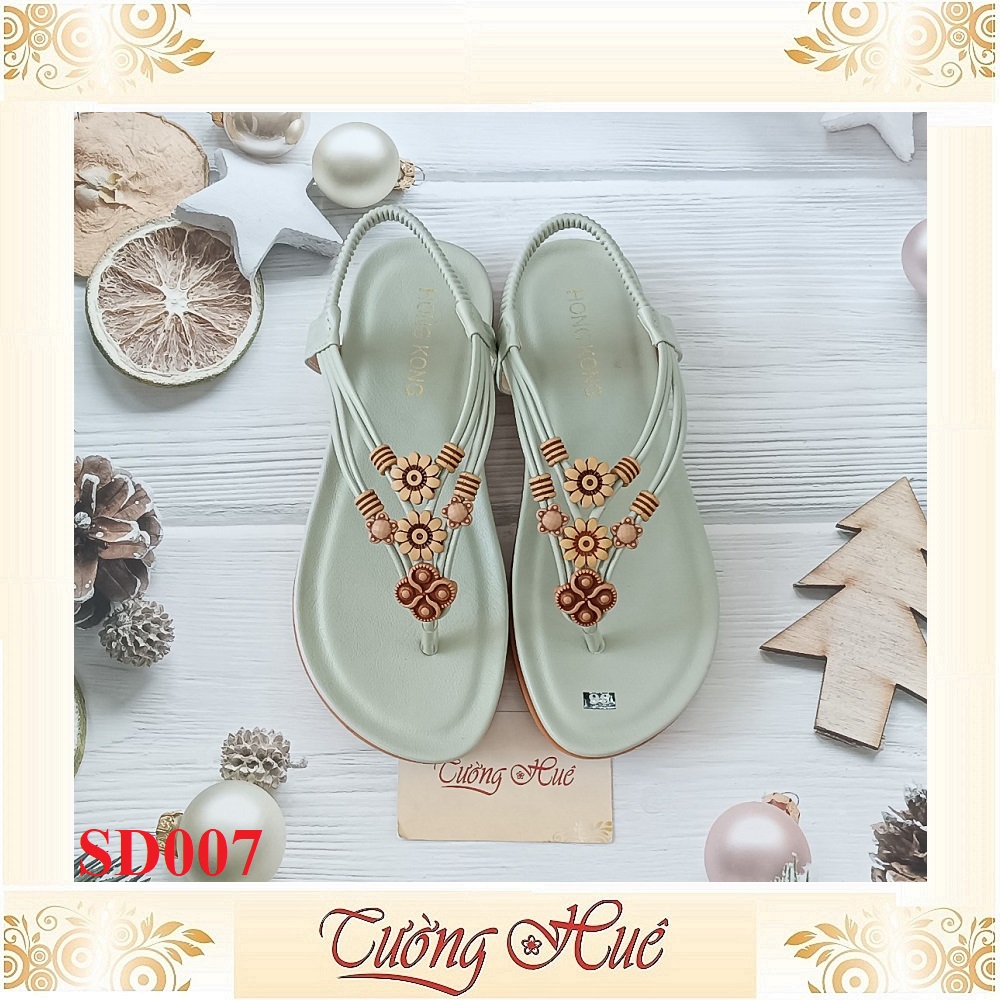 [Ảnh Thật 100%] Sandal Nữ Xỏ Ngón Quai Đính Hoa Đế Bệt - SD007