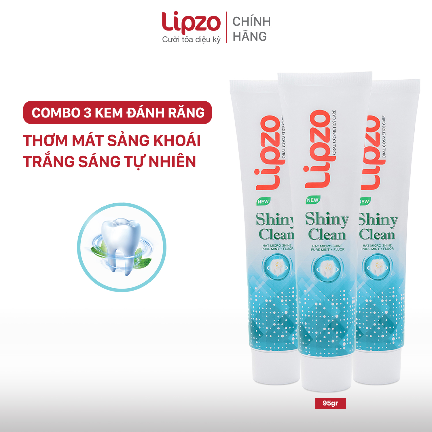 Combo 03 Kem Đánh Răng LIPZO Shiny Clean Vị The Mát Diệt Khuẩn 95g Khử Mùi, Không Bào Mòn Men Răng Từ Khoáng Chất Vỏ Sò